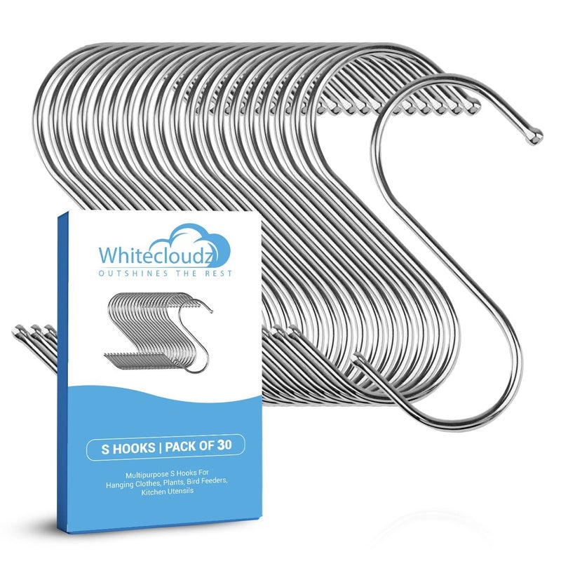 WHITECLOUDZ 30-Pack Silver S Hooks for Hanging Plants, Stainless Steel S hooks for hanging heavy-duty, Closet Hooks for Hangings Clothes, Durable kitchen hooks for hangin Utensils, Pots, Clothes & Bag - Image 1